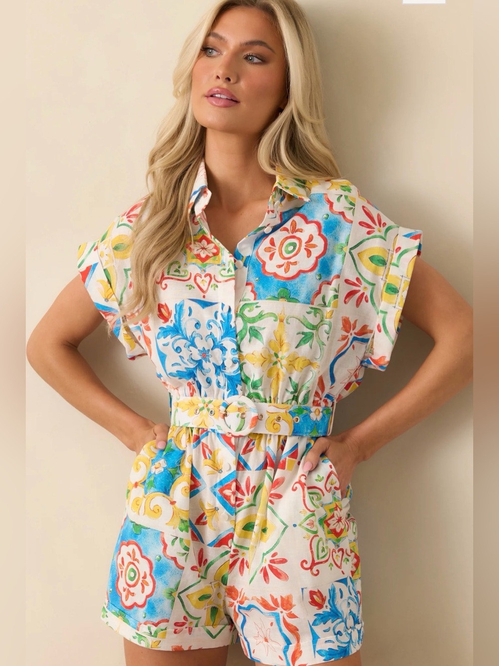 Prosperina Luca Blue Sicilian Tile Print Linen Romper - Picture 2 of 6